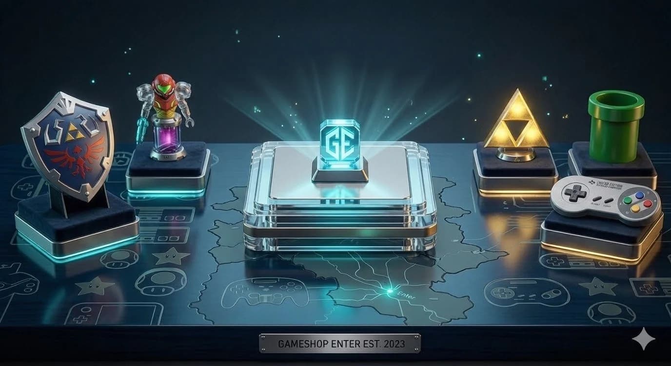 Gameshop Enter — Nintendo collectie met iconische items: Hylian Shield, Samus, Triforce, SNES controller